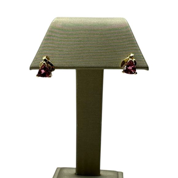 14K Yellow Gold Pink Trillion Cut Stone & .04cttw Diamond Earrings (17938) - Picture 6 of 6
